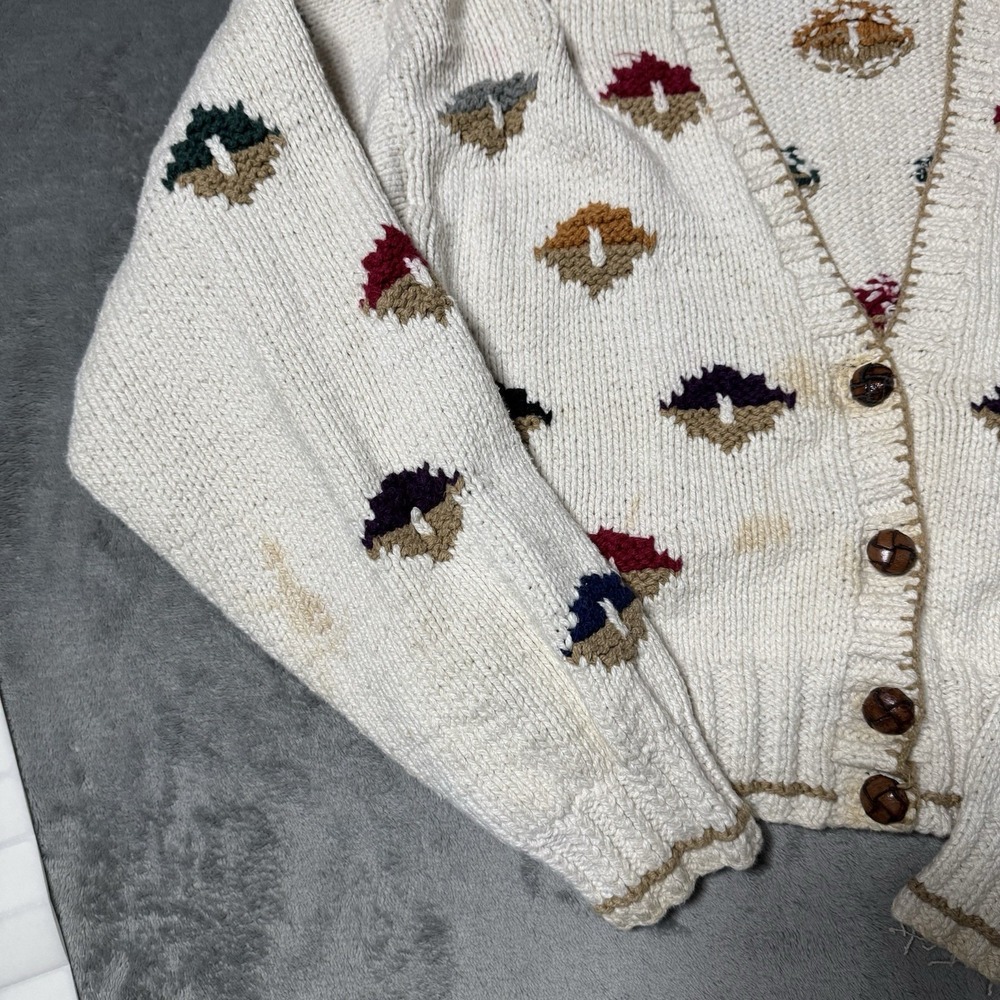 VTG Liz Sport Hand Knitted Ivory Mushroom Cardigan Sweater Women Medium Flaws - Picture 3 of 8